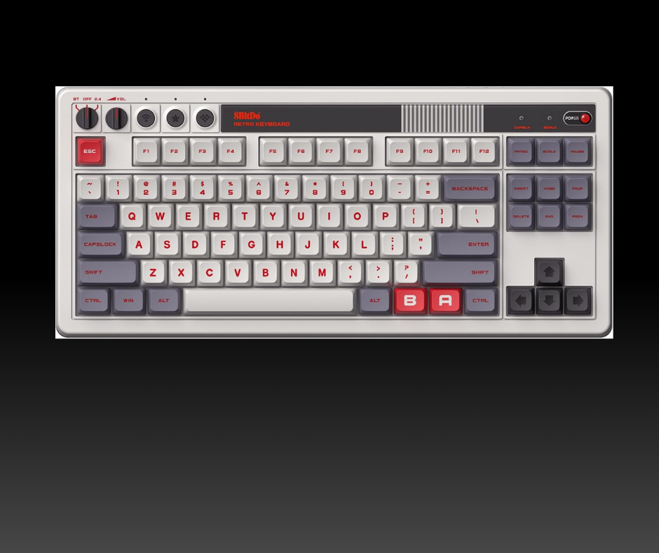 a white keyboard with red and grey keys

8BitDo Retro Mechanical Keyboard