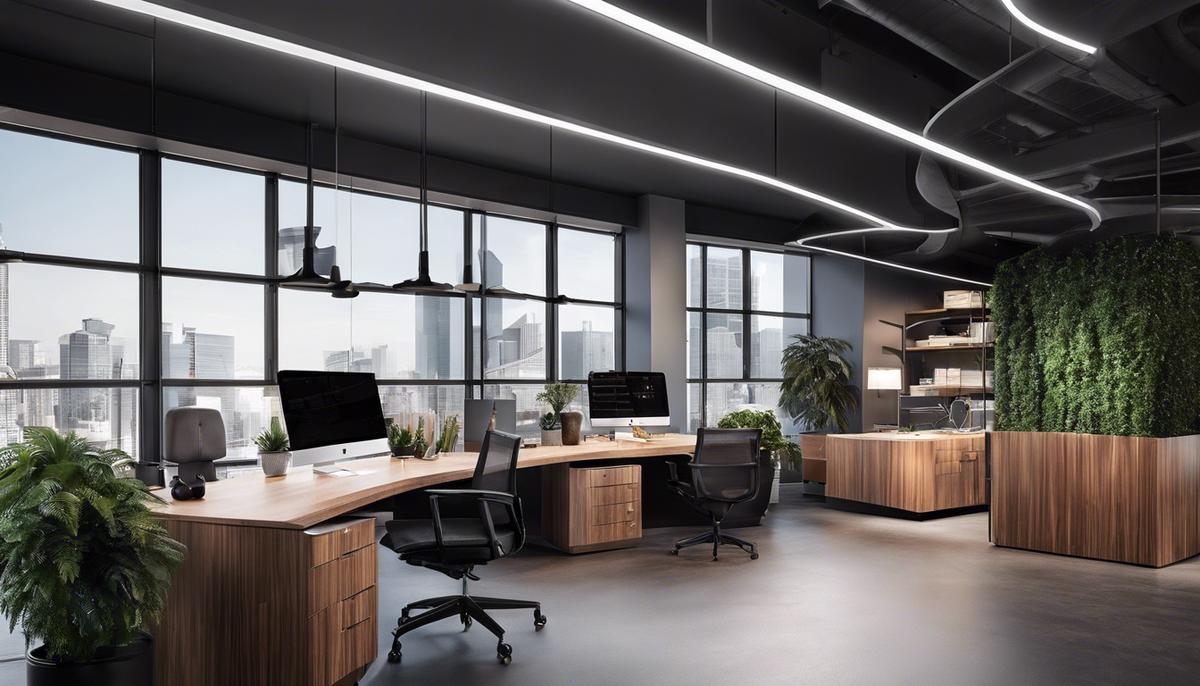 Image of an ergonomic office design with dashes instead of spaces, showing a comfortable and efficient workspace.