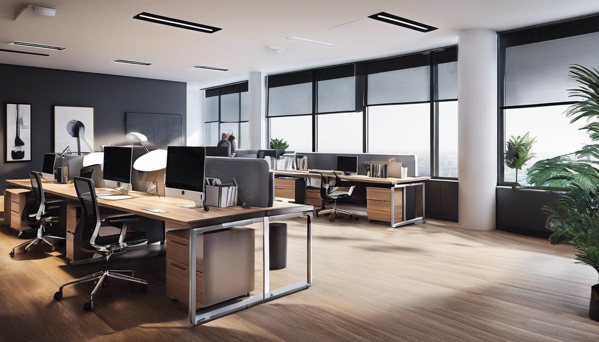 An image depicting a modern ergonomic office space with comfortable furniture and proper lighting, promoting employee health and productivity.