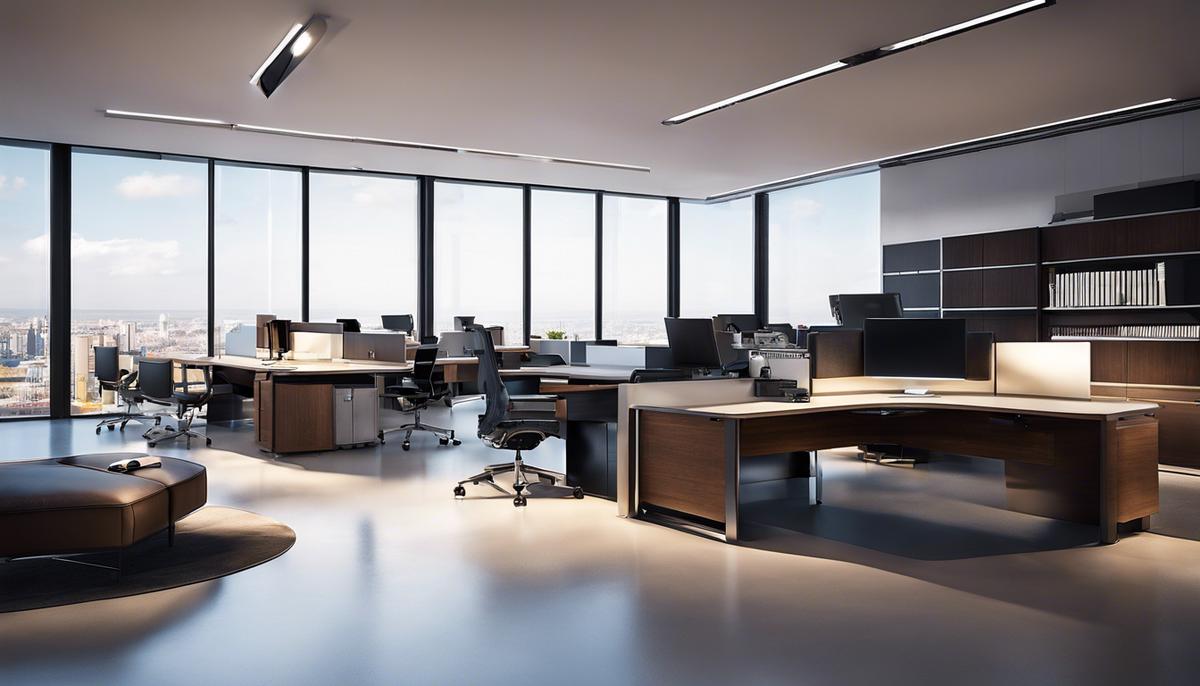 Image depicting an ergonomically designed office space with comfortable furniture and adjustable lighting.