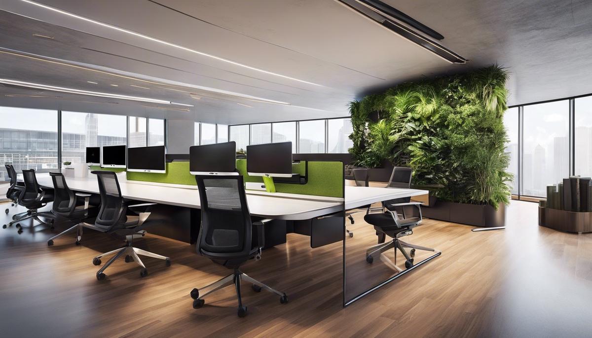 An image depicting an office space with biophilic designs, human-centric lighting, a formal-informal hybrid layout, the office-on-wheels concept, and utilization of smart office technology.